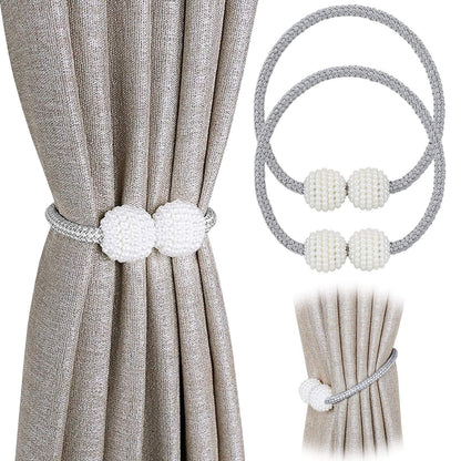 Pinowu [2 Pack] Magnetic Curtain Tiebacks Convenient Drape Tie Backs,Pearl Decorative Rope Holdback Holder for Small, Thin or Sheer Window Drapries (Gray)…