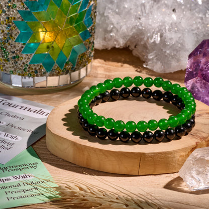 Bivei 2-Piece 8mm Beaded Bracelets for Women – Black Tourmaline, Green Jade – Natural Crystal Handmade Stretch Jewelry for Meditation, Protection & Gifts Yoga