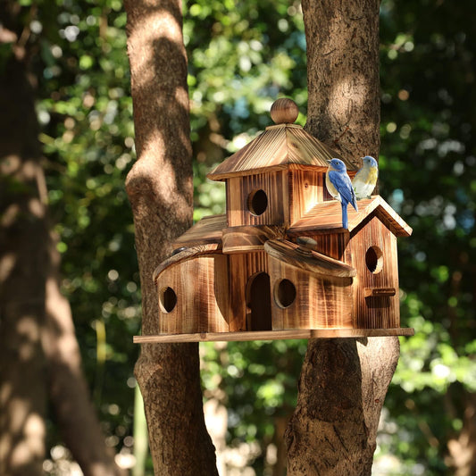 Bird Houses for Outside, Wooden 6 Hole Bird House Room for Multiple Birds, Outdoors Hanging Birdhouse Nesting Box for Garden, Bird Hotel for Wren Chickadee Sparrow