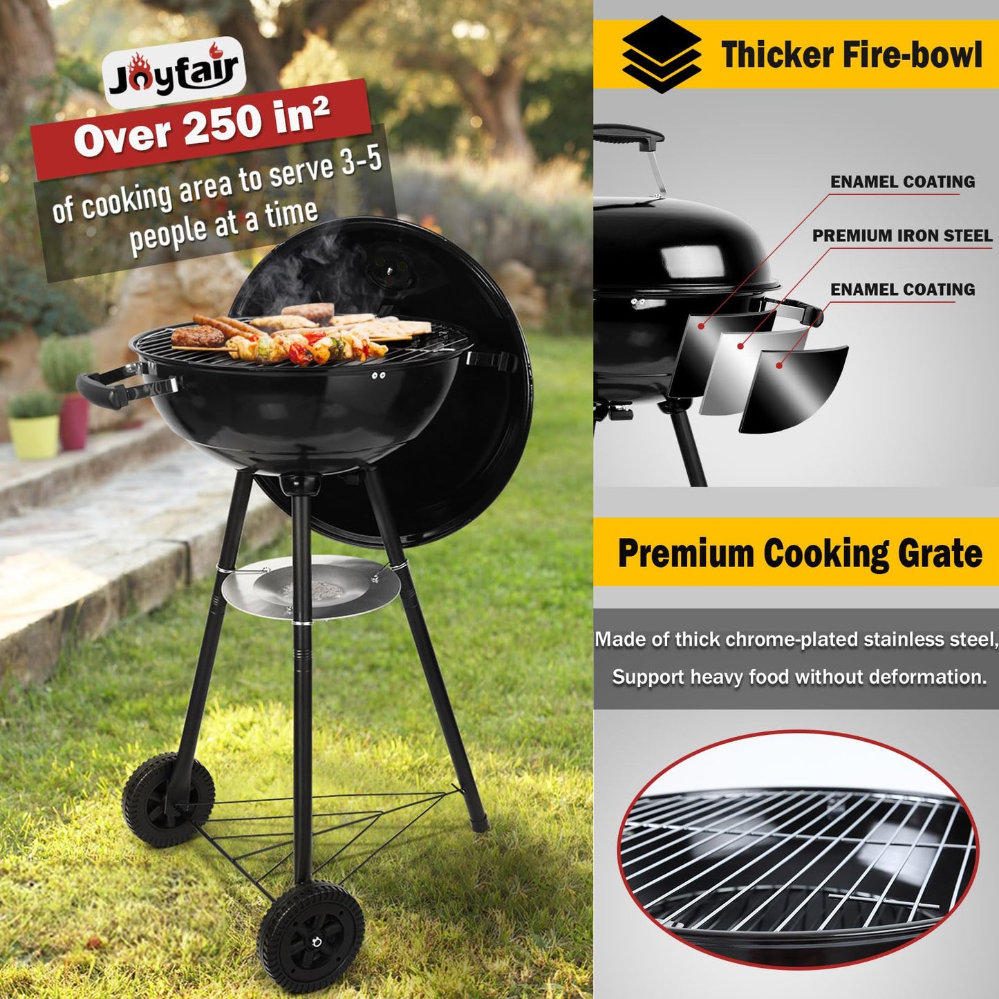 Joyfair Kettle Charcoal Grill (18 Inch), Outdoor Barbecue Grill for Camping/Backyard/Tabletop Grilling, Portable Round Smoker with Wheels, Enameled Lid & Fire Bowl, Dual Venting System, Black