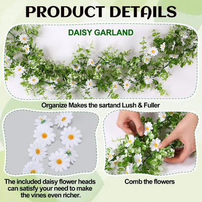 Norme 2 Pcs 6 Ft Artificial Daisy Garland with 100 Fake Flowers Hanging Vine Spring Garland Floral for Decorating Wedding Baby Shower Summer Window Mantle Staircase Farmhouse Table Centerpiece(White)