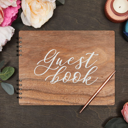 Paper Junkie Rustic Wooden Guest Book for Party - 112 Pages, 11.25 x 8.75 in Brown Wood Cover - Wedding & Baby Shower Guest Book Sign in