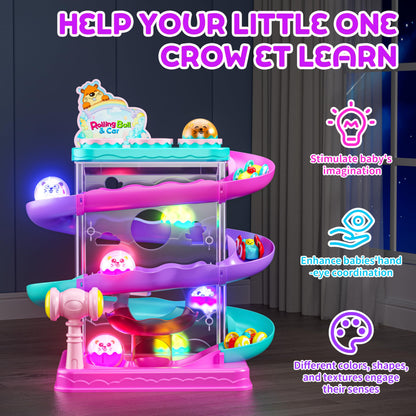 2-in-1 Rolling Ball & Car Ramp Race Track for Toddlers, Hammer Ball Drop Toy for Boys & Girls, Interactive Playset w/Sensor Lights - Montessori STEM Learning Toys for Kids 1-5+ Year Old