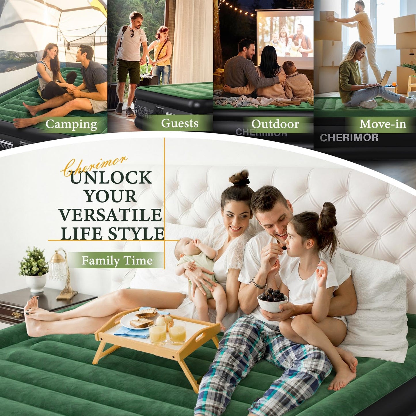 CHERIMOR Queen Air Mattress with Built-in Pump, 18" Raised Comfort, 800lbs Heavy-Duty Support, Anti-Sag Horizontal Beam, Leak-Resistant Design, 3-Min Fast Inflation Blow Up Bed for Guests & Camping