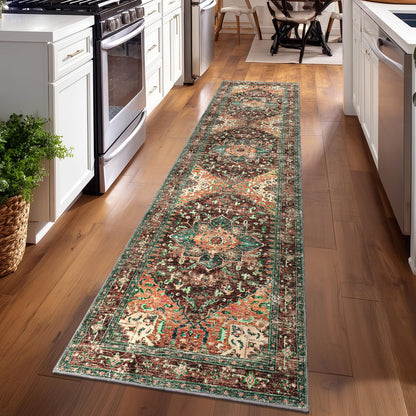 Yamaziot Washable Runner Rug, 2x8 Non-Slip Boho Vintage Hallway Rug Runner with Rubber Backing, Stain Resistant & Low Pile Faux Wool Distressed Carpet Runner for Bedroom, Kitchen, Laundry, Entrance