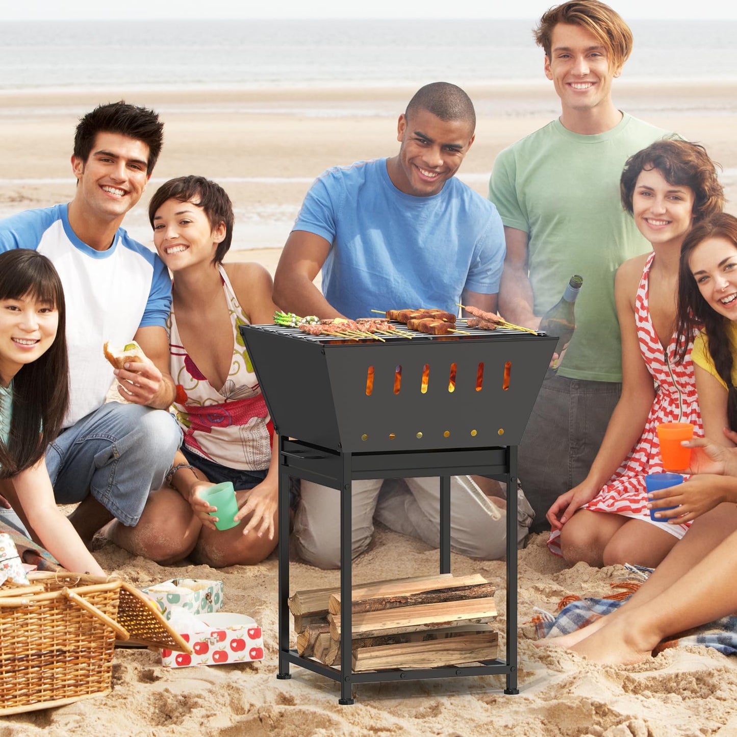 YBING Wood Burning Fire Pit for Outside - 24 Inch Outdoor Fire Pit with Grill, 2-in-1 Square Firepit with Ash Tray and Wood Storage for Camping, Backyard, Patio, Black