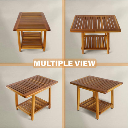 ENKEZI Acacia 24 Inches Outdoor Side Table, 2-Tier Sturdy Patio, End Table Weather Resistant, Strong Stability Side Table for Patio, Pool, Porch, Teak Finish (Large)
