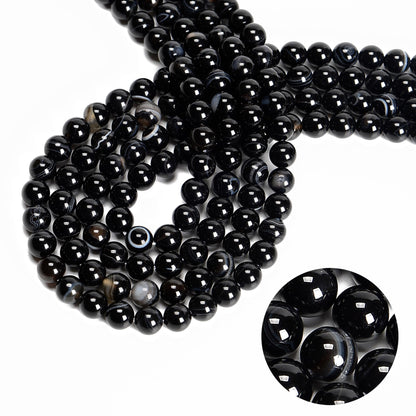 48Pcs 8mm Black Striped Agate Natural Round Loose Real Stone Beads Gemstone Genuine for DIY Hand Made Craft Jewelry Bracelet Earring Necklace String Making Energy Healing Power