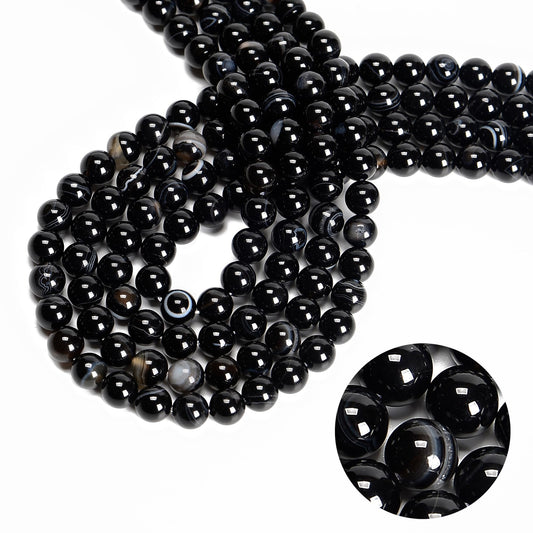65Pcs 6mm Black Striped Agate Natural Round Loose Real Stone Beads Gemstone Genuine for DIY Hand Made Craft Jewelry Bracelet Earring Necklace String Making Energy Healing Power