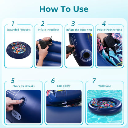 2-Person Pool Floats Adult Heavy Duty, Giant 75"X75" Inflatable Tanning Pool Mats with Cup Holders, Detachable Headrest, Multi-Purpose Water Lounger for Pool Party, Lake, Beach, River, Outdoor