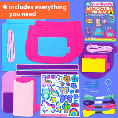 KRAFUN My First Sewing Bag Kit Arts & Crafts for Beginner Kids, 6 Easy DIY Sewing mini Bag Holder Case Projects of Animal Theme, Instructions Learn to Sew & Felt Embroidery, Gift for Girls & Boys