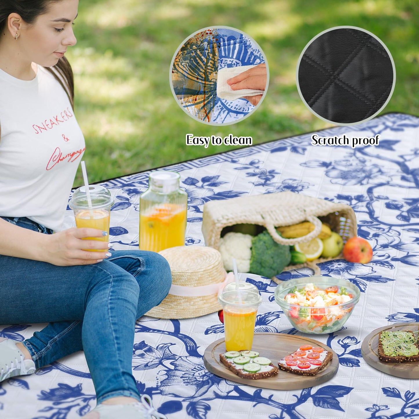 Newwiee 80 x 80 Inch Blue and White Floral Picnic Blanket Extra Large Outdoor Chinoiserie Picnic Mat with Carry Strap Waterproof Sandproof Blanket Foldable Portable for Beach Camping Grass Lawn Park