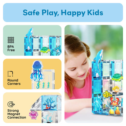PicassoTiles Magnet Tiles Magnetic Building Blocks Aquarium Marine Animal Theme Set with 8 Character Action Figures Shark Crab Turtle STEM Toys Construction Preschool Toddlers Kids Boys Girls 3+ PTQ15