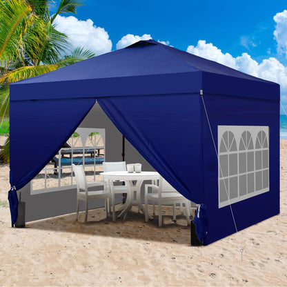 GDY 10x10 Pop Up Canopy Tent with 4 Sidewalls, Easy Set up with One Push Lift Outdoor Silver Coated Beach Gazebos, Carpas with 4 Sandbags, for Events, Parties,Camping, Navy Blue.