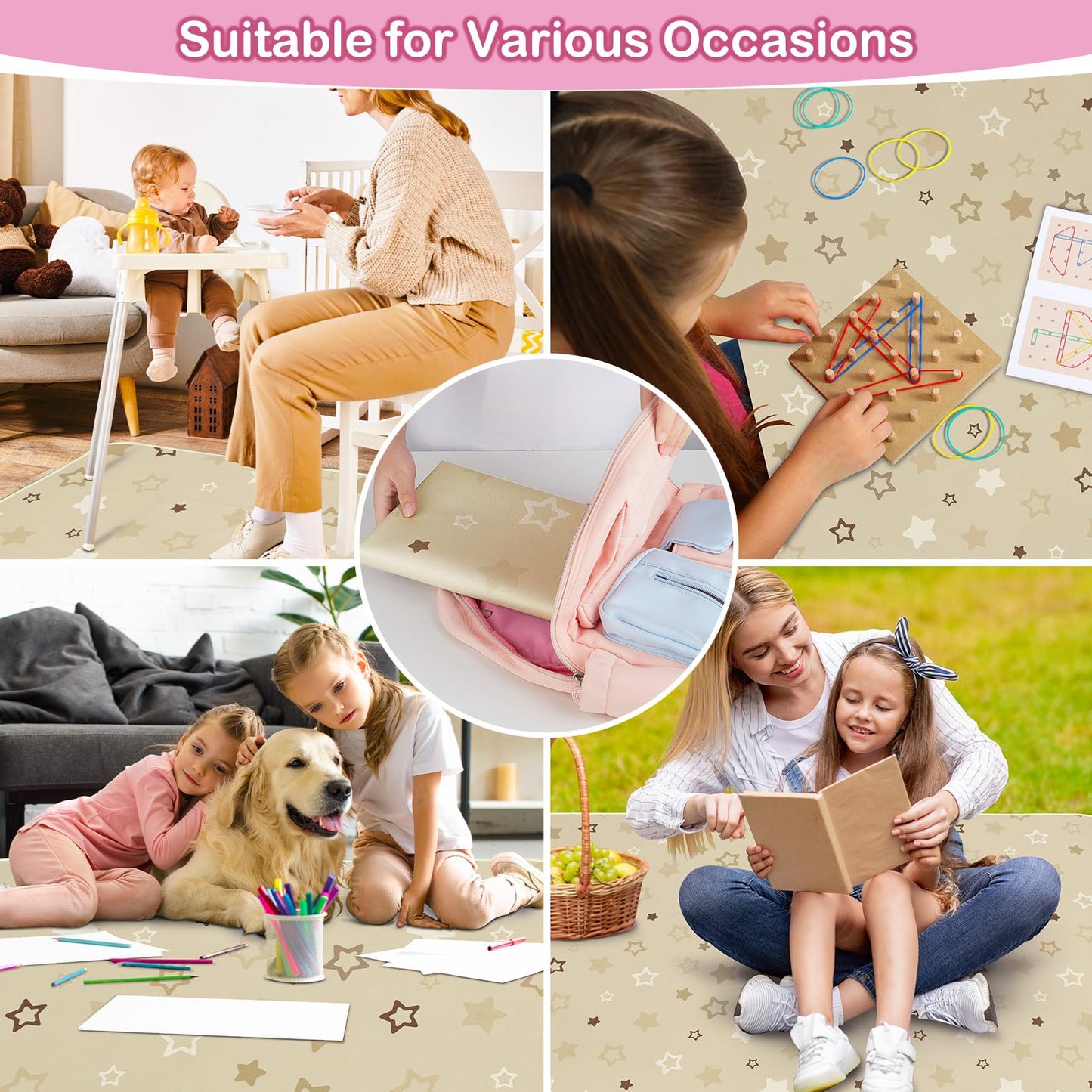 Basumee Splat Mat High Chair Mat Waterproof Baby Play Splat Mat for Under High Chair Food Catcher Highchair Mat for Floor Non Slip Bottom, Brown Stars, 46x42 Inches