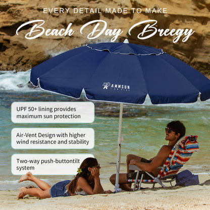 AMMSUN 8 FT Large Beach Umbrellas for sand with Sand Anchor Heavy Duty High Wind Portable Outdoor Umbrellas UPF 50+ Protection Air Vent Tilt for Bech Patio Garden (Navy)