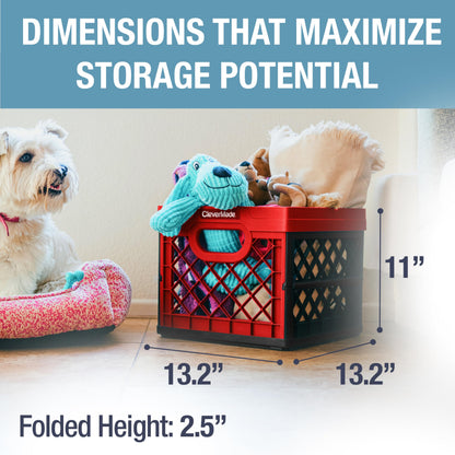 CleverMade Collapsible Milk Crate 25L (6.6 Gal), 50 lb Capacity Heavy Duty Folding Crate – Stackable Storage Crates with File Rails, Plastic Collapsible Crates - Red