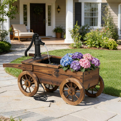 Outdoor Water Fountain, Wooden Wagon Garden Fountain with Planter Box, Rustic Cart Water Feature with Retro Hand Pump, Decorative Outdoor Flower Pot for Patio & Backyard, Plug-in Electric
