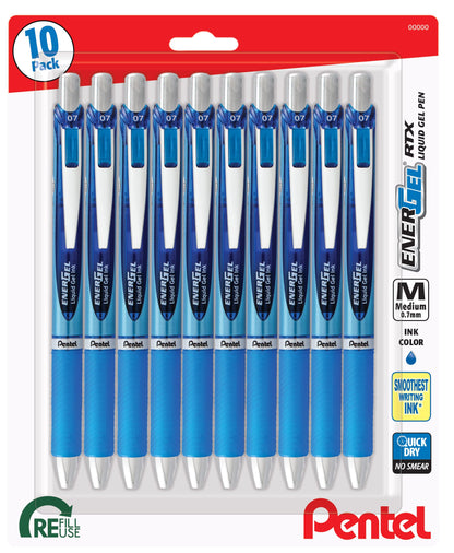 Pentel EnerGel RTX Retractable Premium Liquid Gel Pen, (0.7mm) Needle Tip, Ultra Smooth, Medium Line, Blue Ink 10 Pack, BLN77BP10C