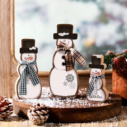Suzile 3 Pcs Winter Table Decorations Wooden Centerpiece Block Signs Tiered Tray Desktop Figurine for Indoor Fireplace Mantel Home Decor Holiday Xmas(Brown,Snowman)