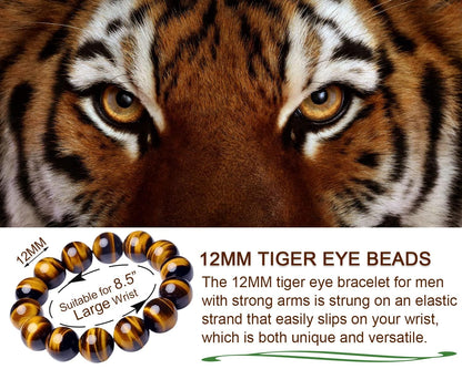 12MM Tiger Eye Bracelet Men | Natural Golden Yellow Cats Eye | Handmade Stretch Jewelry for about 8 inch Wrist Size | Bring Luck Fortune Courage Confidence | Chakra Gemstones Spritual choice for Men