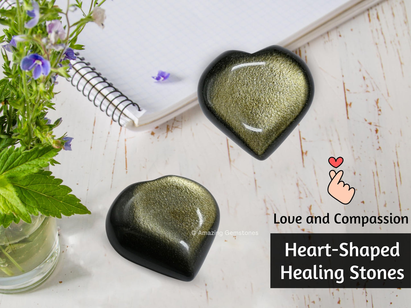Amazing Gemstone Golden Sheen Obsidian Crystal Heart Palm Stone - Pocket Massage Worry Stone for Natural Body Chakra Balancing, Reiki Healing and Crystal Grid