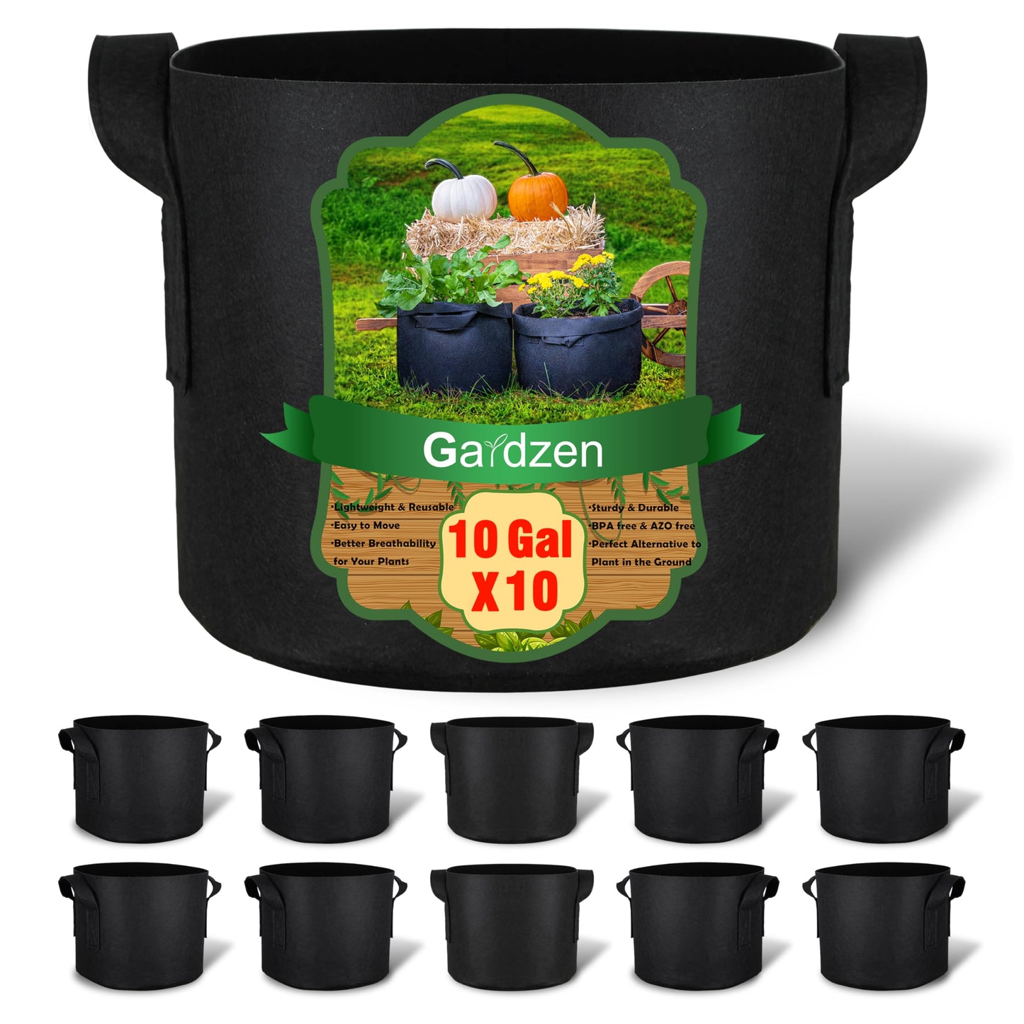 Gardzen 10-Pack 10 Gallon Grow Bags, 300G Thickened Fabric Grow Bags with Handles, Heavy Duty Aeration Plant Grow Bags