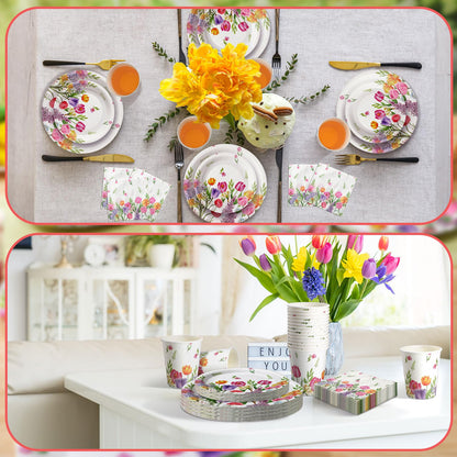Hsei 250 Pcs Tulip Floral Plates and Napkins Party decorations Disposable Tableware Sets Baby Shower Birthday Party Supplies Serves 50 Guests Dinnerware Baby Bridal Shower Party Favors