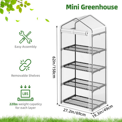 SUPERLELE 4 Tier Mini Greenhouse for Indoor Outdoor, 19.3x27.2x62in Portable Plant Greenhouse with Adjustable Shelves, Reinforced PE Mesh Cover, Heavy Duty Steel Frame, Waterproof for Balcony Patio
