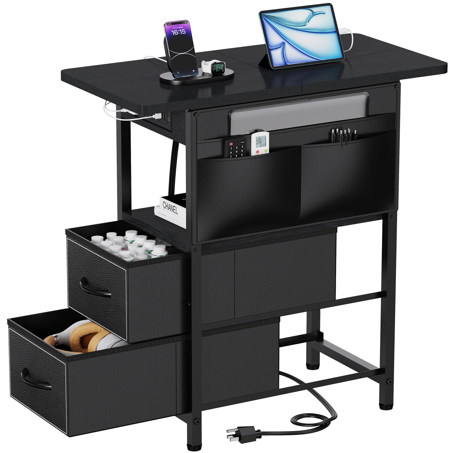Yenlure Small Side Table with Charging Station, Narrow Nightstand Bedside Tables with Storage Pocket for Living Room Bedroom, Sofa End Table with USB Ports and Power Outlets for Small Spaces