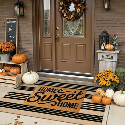 Sungea Black and Khaki Striped Rugs 3x5, Outdoor Cotton Hand Woven Front Door Mat,Washable Reversible Layered Door Mats, Foldable Front Porch Rug for Entryway/Home Entrance/Farmhouse