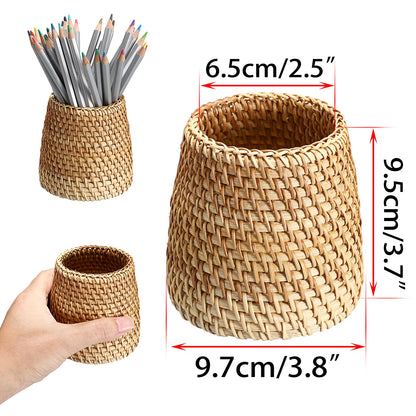 BTSKY 3 Pack Rattan Pen Cup, Handmade Desk Pencil Holders Makeup Brush Holder Multi-Functional Woven Basket Office&Home Desktop Organizer (Cone)
