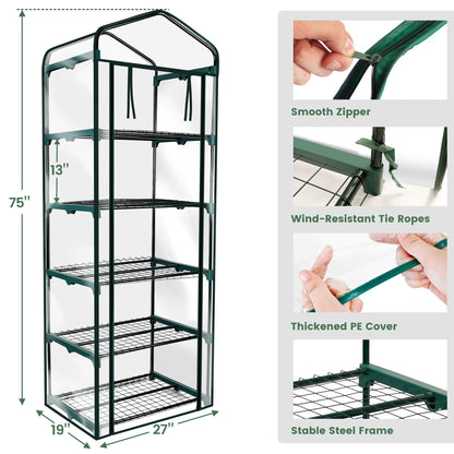 Worth Garden 5 Tier Mini Greenhouse - 75'' H x 27'' L x 19'' W - Sturdy Portable Gardening Shelves with PVC Cover - Small Porch Green House for Growing Plants Flowers Indoor & Outdoor