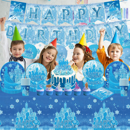 tetcuican 104Pcs Frozen Birthday Party Decorations, Snow Theme Party Supplies Set Include Banner, Balloons, Tablecloth, Cake Toppers, Cupcake Toppers, Plates, Napkins for Winter Birthday Decorations