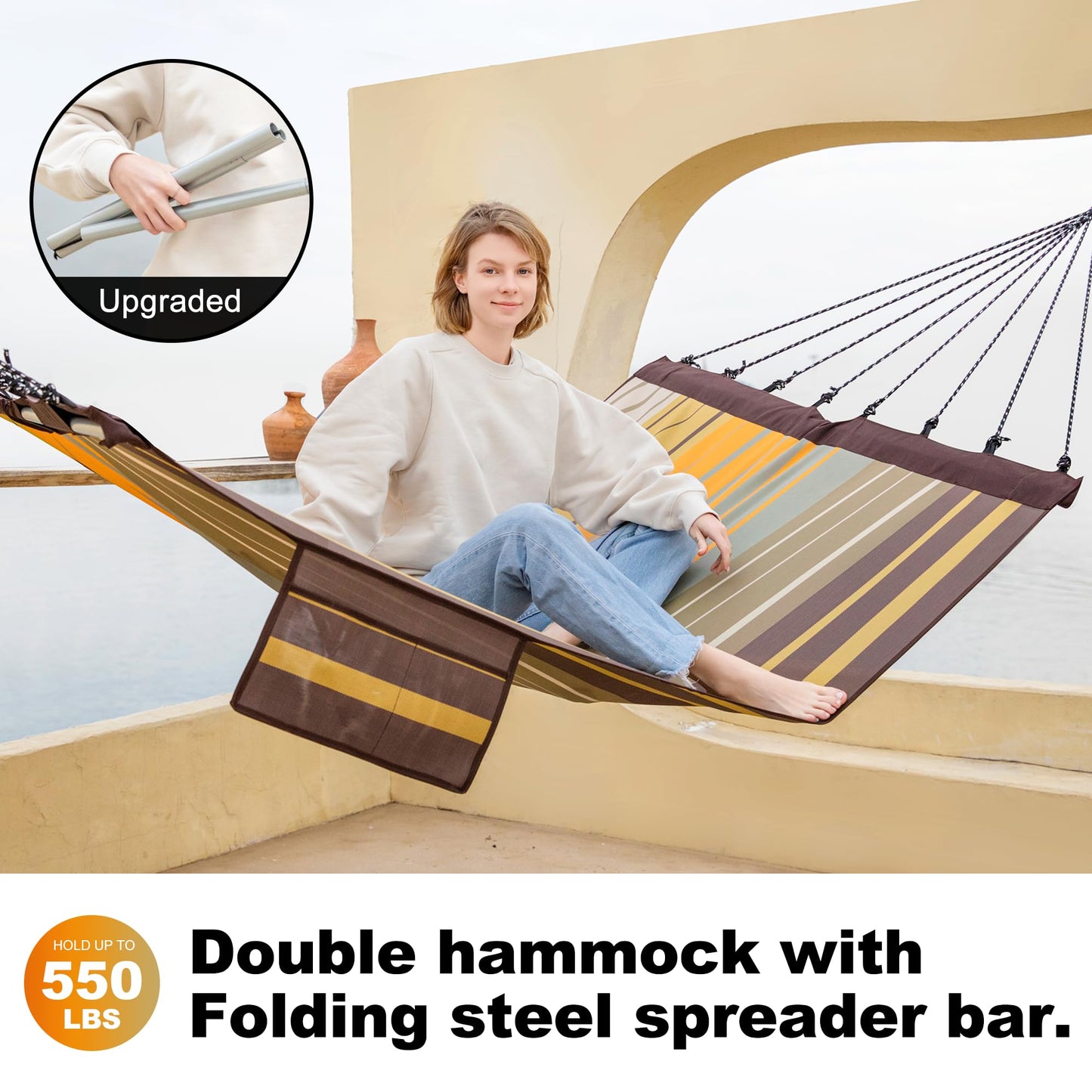 GAFETE 14ft 2 Person Hammock for Outside, Quick Dry Textilene, Portable Hammocks Without Stand with Folding Steel Spreader Bar, Carrying Bag, Tree Straps, Pillow & Sidebag, 550 lbs Capacity (Coffee)