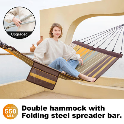 GAFETE 14ft 2 Person Hammock for Outside, Quick Dry Textilene, Portable Hammocks Without Stand with Folding Steel Spreader Bar, Carrying Bag, Tree Straps, Pillow & Sidebag, 550 lbs Capacity (Coffee)