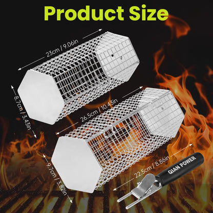 Grill Baskets 2PCS 304 Stainless Steel with Removable Wooden Handle Hexagon Design for BBQ Camping & Outdoor Cooking Accessories, Great Gift for Grill Lovers