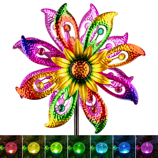 Solar Wind Spinner with Color-Changing Glass Globe - Vibrant Rainbow Sunflower Kinetic Yard Art - Multi-Color Lighted Metal Garden Decor & Lawn Ornament for Patio and Backyard