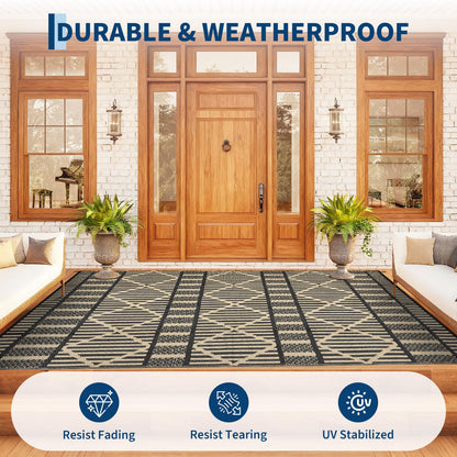 IDEALHOUSE 9x18 Ft Outdoor Rug 320GSM PP Woven Double Sided Same Pattern Waterproof Geometric Patio Mat for Backyard Deck Porch Camping Picnic Beach, Black Coffee