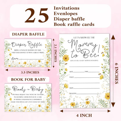 Mommy To Bee Baby Shower Invitation With Envelopes, Diaper Raffle Tickets, Books Request Cards, Honey Bee Baby Shower Decorations Supplies Favors Set, Gender Reveal Party Invites, 25 Cards Each -06