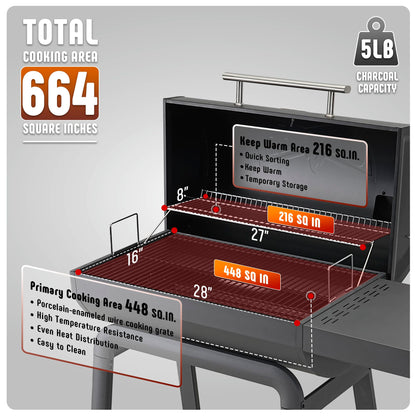 Feasto Heavy-Duty 30-Inch Charcoal Grill with Side Table & 647 Sq. In Cooking Area, Outdoor BBQ Grill for Outdoor Barbecue in Backyard, Patio and Parties, Grey