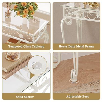 HavenlyYouth Console Table 47.2", Tempered Glass Sofa Table with Metal Frame, Console Tables for Living Room, Entryway, Hallway, Foyer, Adjustable Feet (White)