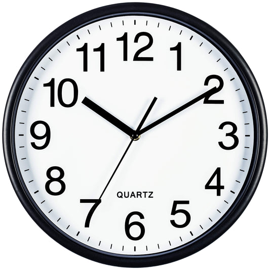 Bernhard Products Black Wall Clock, Large 13-Inch Silent Non Ticking Quartz Battery Operated Round Easy to Read Classroom/Home/School/Office Clock