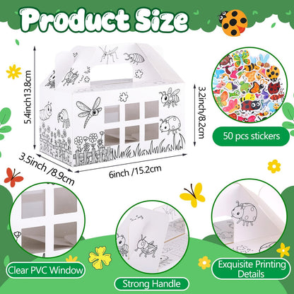 Ailefentene 28 Pack Bug Hotel Box Color Your Own Cardboard Bug Catchers with Stickers, DIY Insect Critters Collection Gable Box with Window for Spring Summer Garden VBS Crafts Party Favors