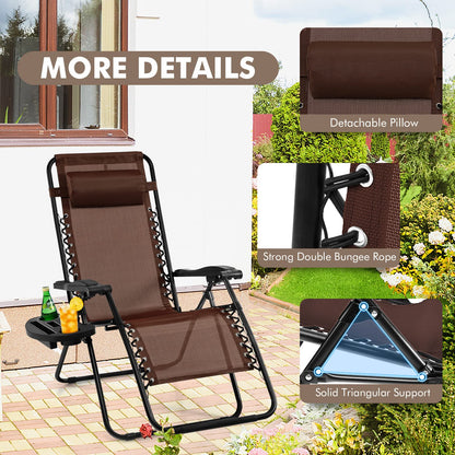 Giantex Zero Gravity Reclining Chair, Outdoor Patio Recliner with Cup Holder & Removable Pillow, Adjustable Backrest, Indoor Lounge Chair for Backyard, Garden, Poolside (Brown)