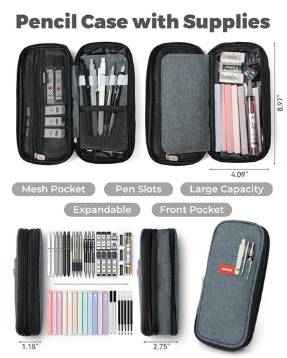 Four Candies 45 PCS School Supplies with Pen Case, 12 Pastel Highlighters, 6 Black Ink Gel Pens, 6 Mechanical Pencils Set for Students Stationary College Essentials (Black)