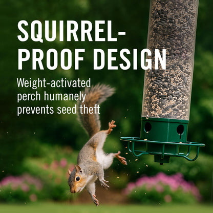 Droll Yankees Squirrel Proof Bird Feeder for Outdoors – Rechargeable Weight-Activated Rotating Perch, 5lb Seed Capacity, Metal Base, UV-Stabilized Seed Tube, Hanging Green Yankee Flipper, YF-M