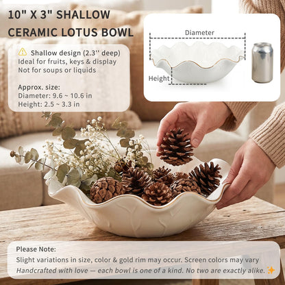 Afadorable 10 Inch White Shallow Handmade Ceramic Lotus Leaf Bowl with Gold Rim, Large Decorative Fruit Bowl for Kitchen Counter, Coffee Table Decor, Dining Table Centerpiece & Entryway Key Bowl