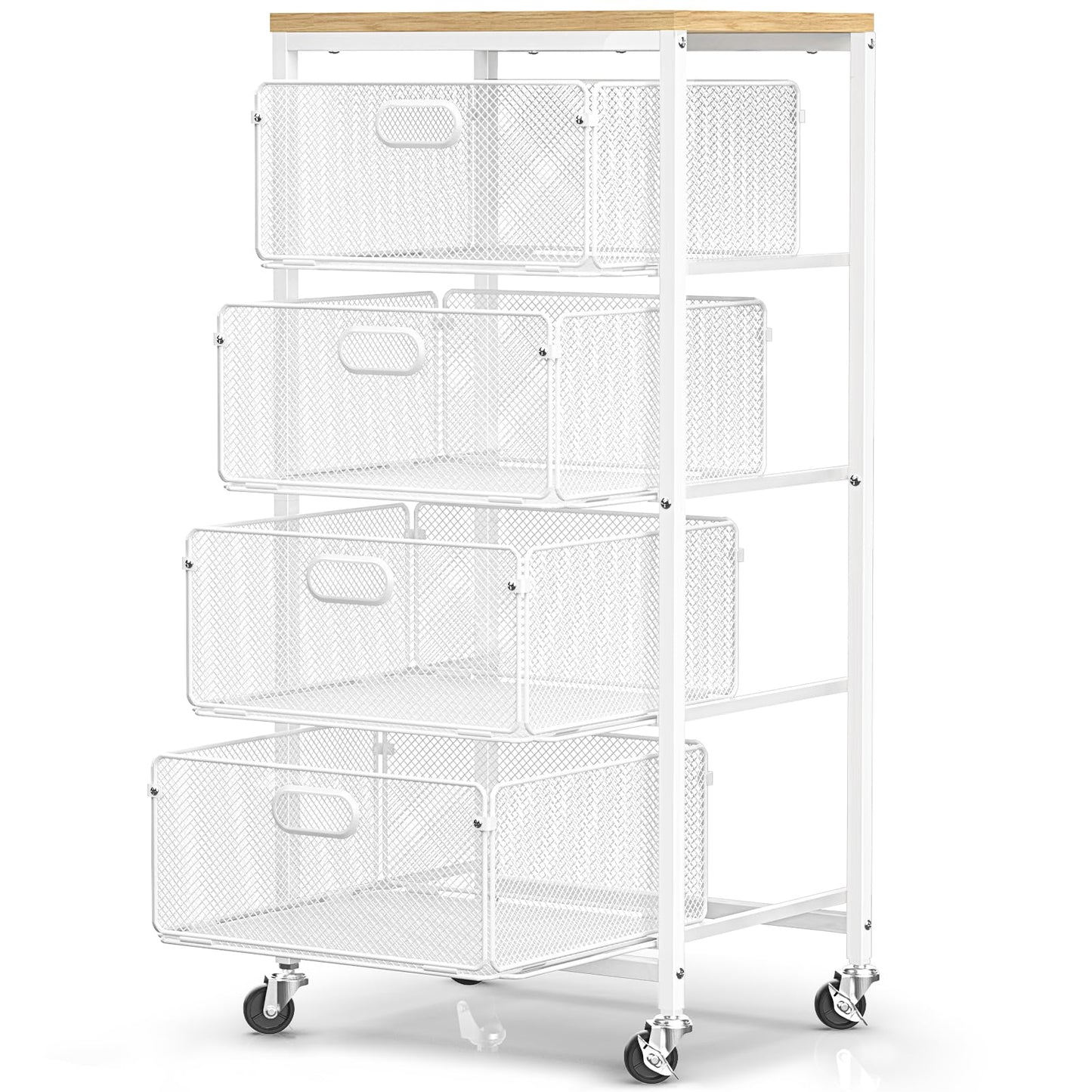 SUNALLY Rolling Kitchen Cart with Drawers, 4-Tier Utility Cart Fruit Vegetable Storage Cart with Lockable Wheels, Wooden Top Metal Kitchen Storage Organizer for Cans, Snacks, Beauty, Craft, Art, White