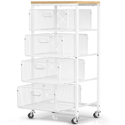 SUNALLY Rolling Kitchen Cart with Drawers, 4-Tier Utility Cart Fruit Vegetable Storage Cart with Lockable Wheels, Wooden Top Metal Kitchen Storage Organizer for Cans, Snacks, Beauty, Craft, Art, White